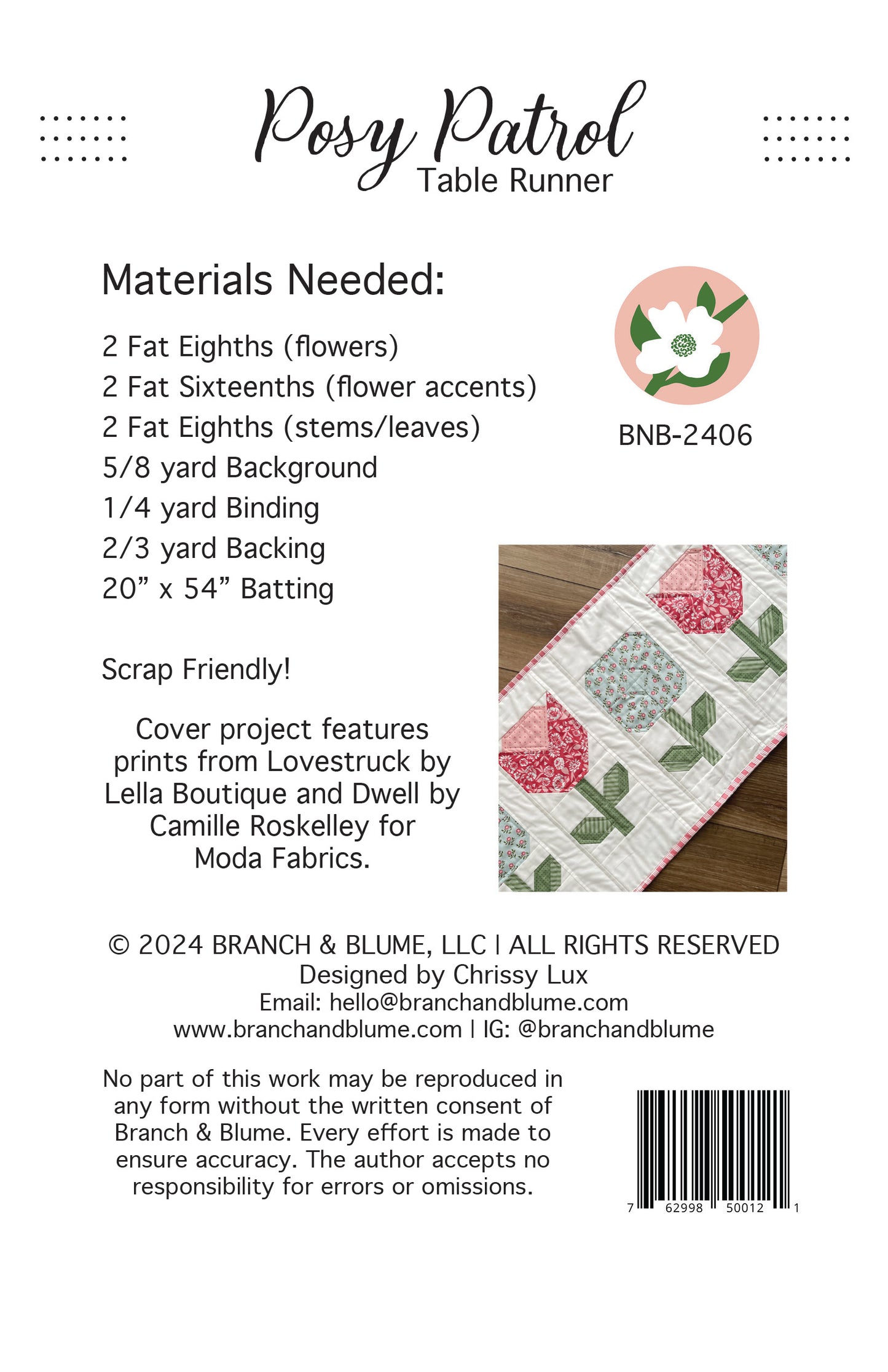 Posy Patrol Table Runner Pattern - PDF