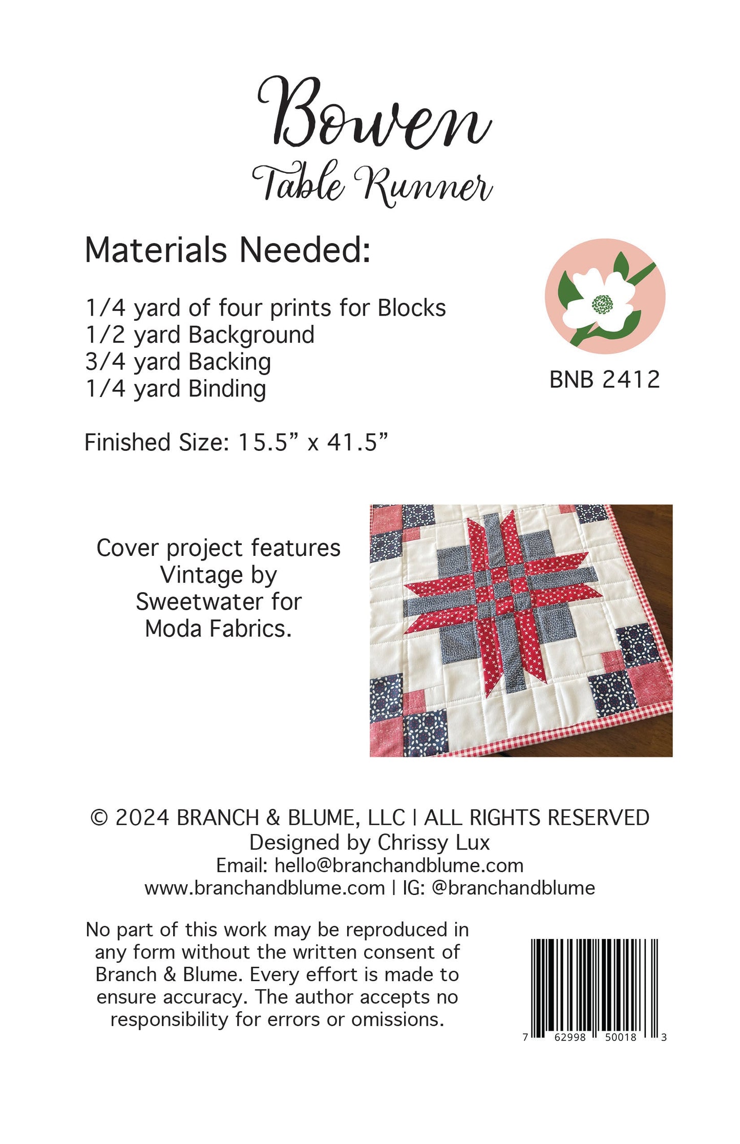 Bowen Table Runner Pattern - PDF