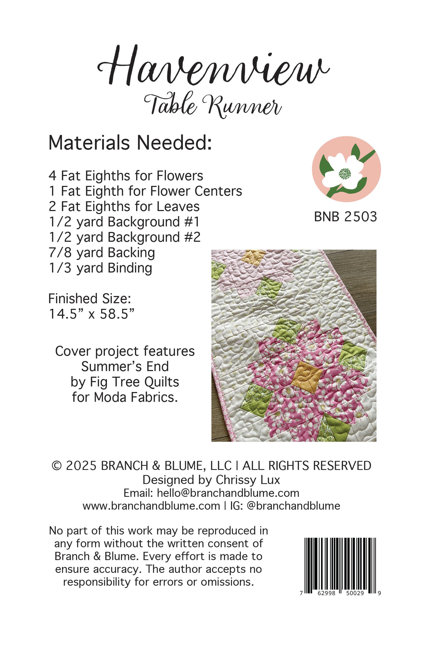 Havenview Table Runner Pattern - PAPER